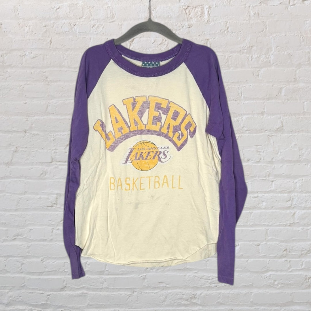 Los Angeles Lakers long-sleeve raglan tee with purple sleeves and cream body, featuring a vintage basketball graphic.
