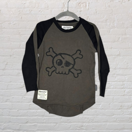 Dark grey and black long sleeve raglan tee featuring a large skull and crossbones graphic on the front with Nununu branding.