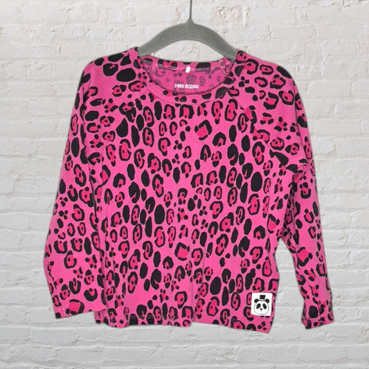 Pink and black leopard print long sleeve shirt by Mini Rodini, featuring a panda patch.