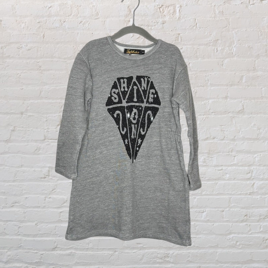 Grey long sleeve dress with 'Shine On' diamond graphic, by Lolly Banks, hanging on a hanger.