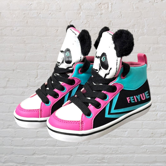 Colorful Feiyue high-top sneakers with panda design and black laces, featuring pink, teal, and black accents.