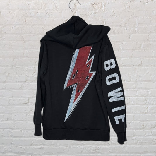 Black hoodie featuring a red and blue lightning bolt graphic on the back and 'Bowie' text on the sleeve.