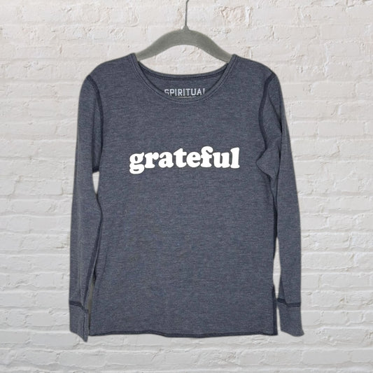Dark grey long sleeve shirt with 'grateful' printed in white across the chest, by Spiritual Gangster.