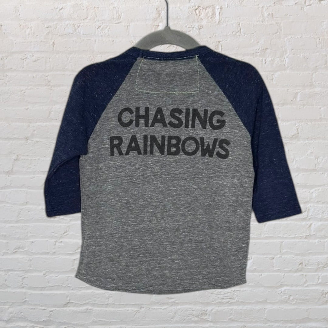 Gray raglan tee with navy sleeves, featuring a rainbow and mountain graphic, by Aviator Nation.