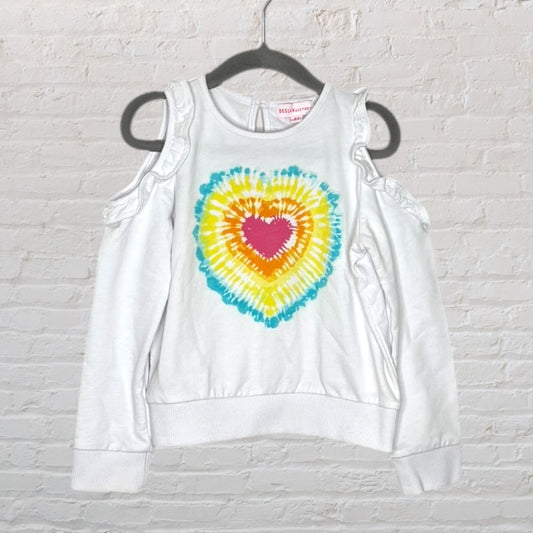 White cold shoulder sweatshirt with multicolored tie-dye heart design on the front.