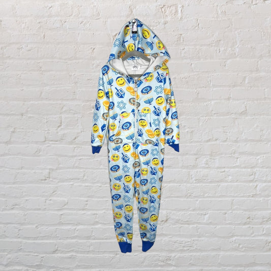 Festive Hanukkah-themed onesie with emoji, dreidel, and menorah prints in blue and yellow, featuring a hood and blue cuffs.