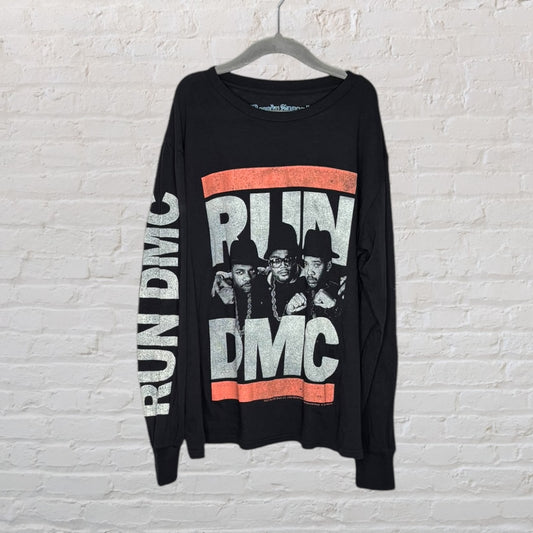 Black long sleeve T-shirt with Run DMC graphic and text on front and sleeve.