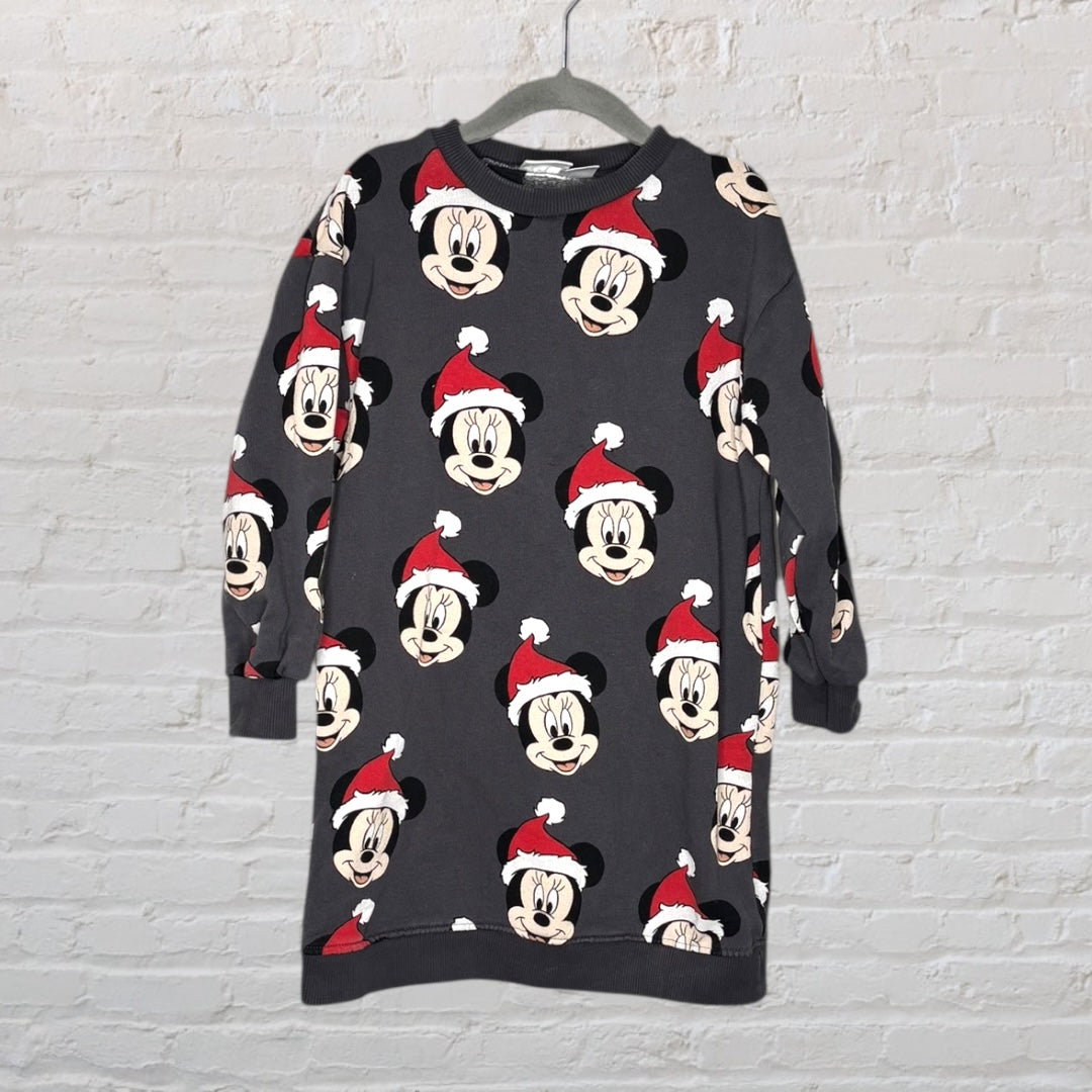 Dark grey dress featuring a repeating pattern of Mickey Mouse wearing a Santa hat, perfect for festive occasions.
