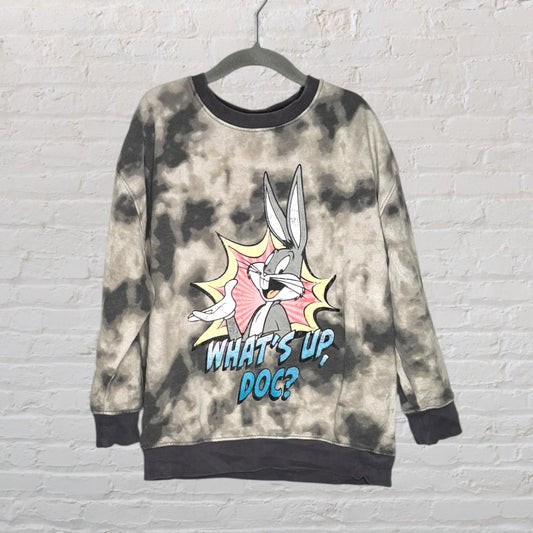 A grey tie-dye sweatshirt featuring a Bugs Bunny graphic with 'What's Up, Doc?' text.