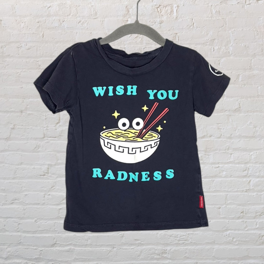 Black short-sleeve tee with 'Wish You Radness' and a cartoon bowl of ramen graphic.