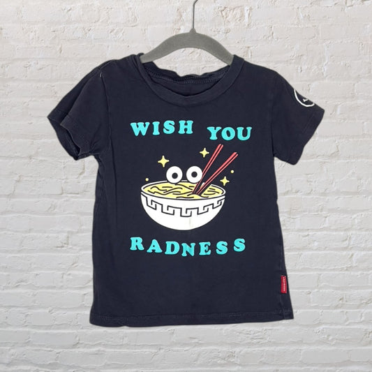 Black short-sleeve tee with 'Wish You Radness' and a cartoon bowl of ramen graphic.