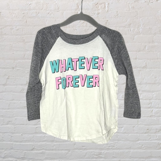 White long-sleeve tee with grey raglan sleeves and a 'Whatever Forever' graphic in pink and blue text.