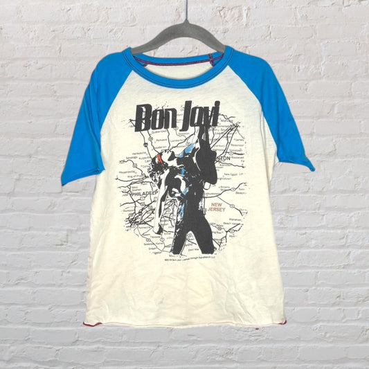 White and blue raglan t-shirt featuring a Bon Jovi graphic and concert tour map print.