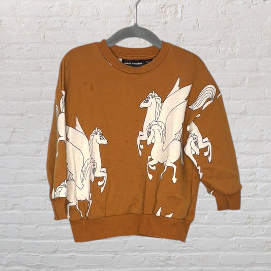 Brown Mini Rodini sweatshirt featuring a white pegasus print, hung on a gray hanger.