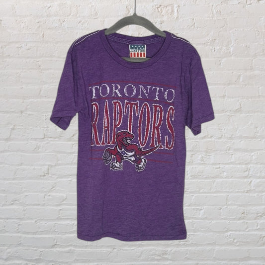 Purple Toronto Raptors vintage graphic T-shirt with a basketball-playing dinosaur, made by Junk Food.