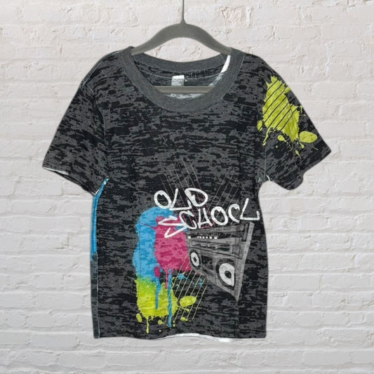 Black marbled T-shirt with a colorful 'Old School' boombox graphic design displayed on a hanger.