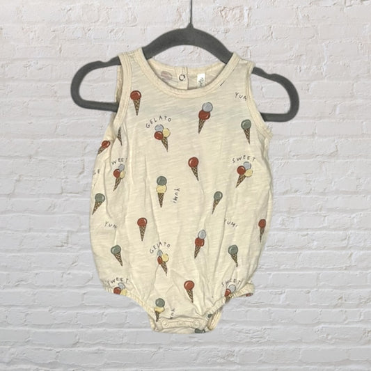 Cream-colored baby romper with ice cream cone patterns and words like 'gelato' and 'sweet'.