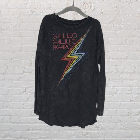 Faded black long sleeve tee with 'Galileo Figaro' and a rainbow lightning bolt design, hanging on a hanger.