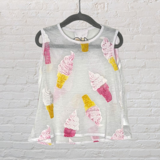 Sleeveless white top with colorful ice cream cone graphics in pink and yellow, hanging on a black hanger.