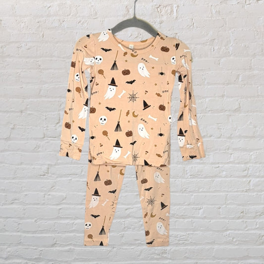 Beige Halloween-themed pajama set with playful ghosts, pumpkins, and other festive icons.
