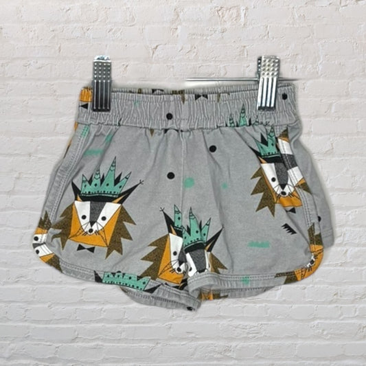 Children's gray shorts with a playful multicolor lion face print and elastic waistband, clipped on a white background.