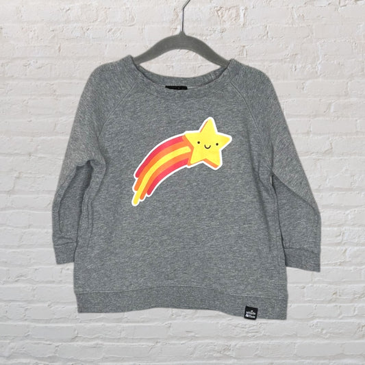 Grey sweatshirt with a smiling star and rainbow graphic, designed by Smile and Ruffle, hanging on a gray hanger.