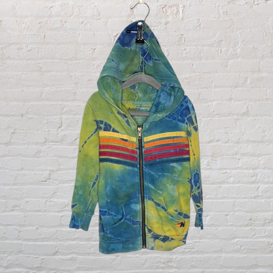 Colorful tie-dye zip-up hoodie by Aviator Nation featuring blue, green, and yellow tones with striped accents on the front.