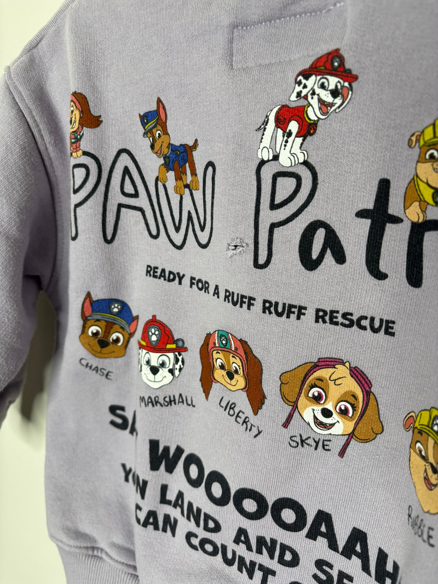 Lavender sweatshirt featuring Paw Patrol characters Rubble, Marshall, Liberty, and Skye.