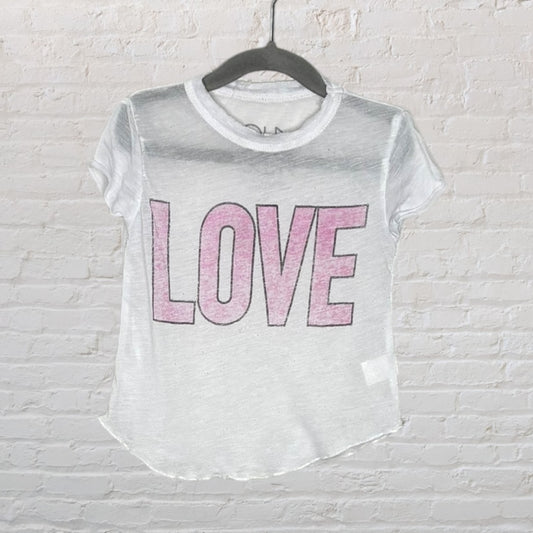 White short-sleeve T-shirt with large pink 'LOVE' text graphic on front.