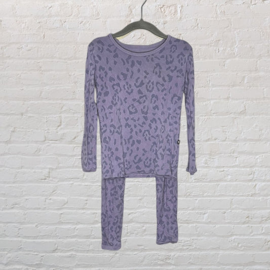 Lilac pajama set with dark purple leopard print, featuring a long-sleeve top and pants on a hanger.