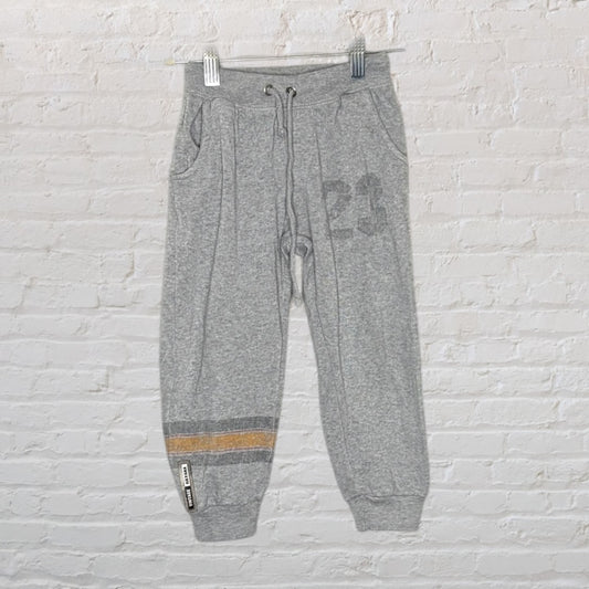 Grey sweatpants with number 23 on the side and a stripe detail at the bottom, hung on a hanger.
