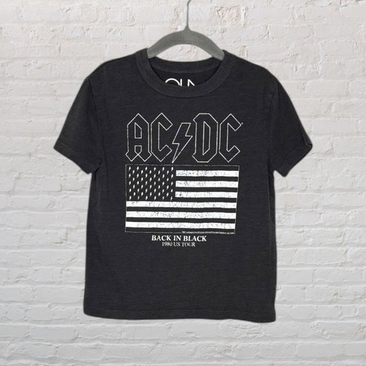 Black AC/DC band T-shirt with distressed American flag graphic and Back in Black 1980 US Tour text.