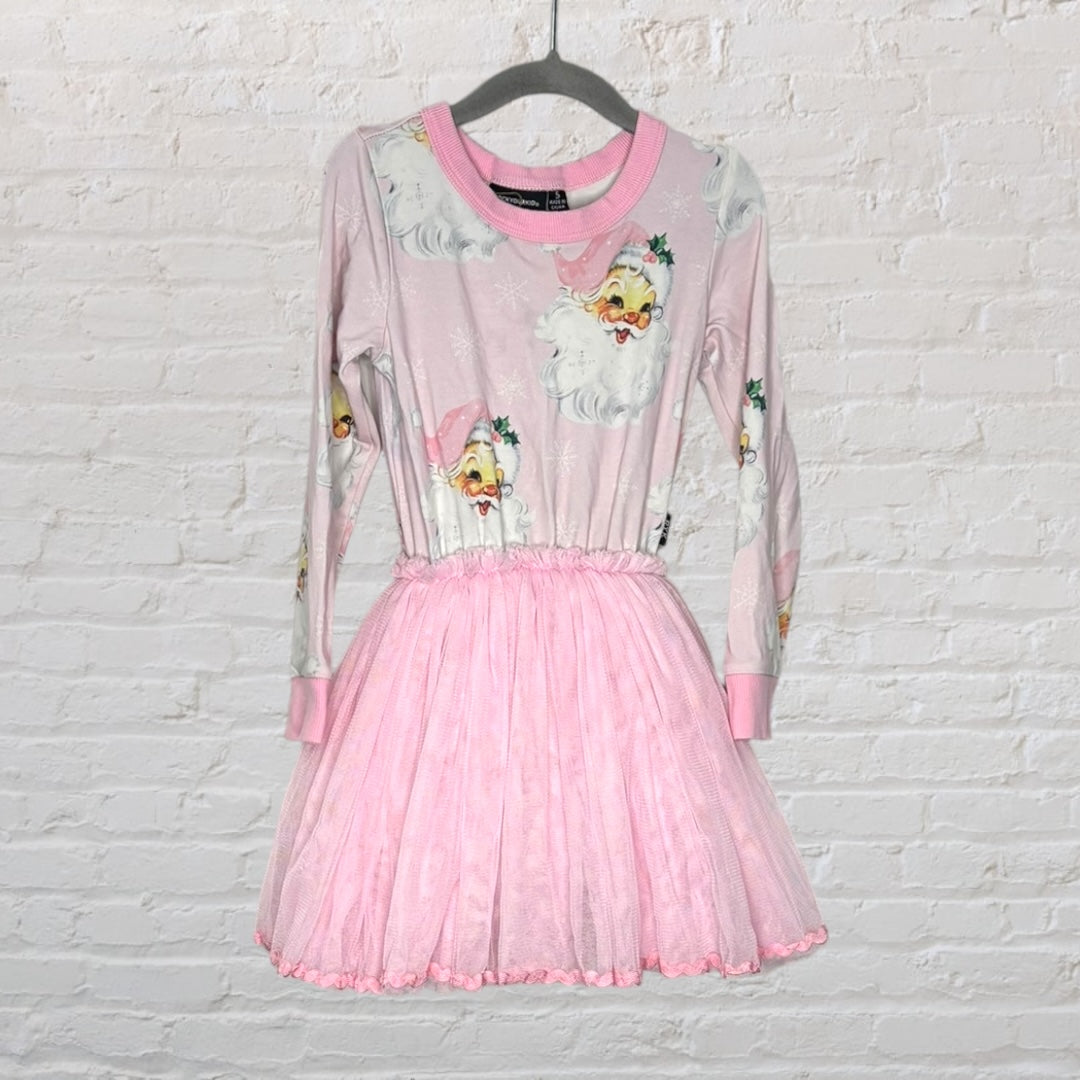 Pink long-sleeve dress with Santa Claus prints and a pink tulle skirt displayed on a hanger.