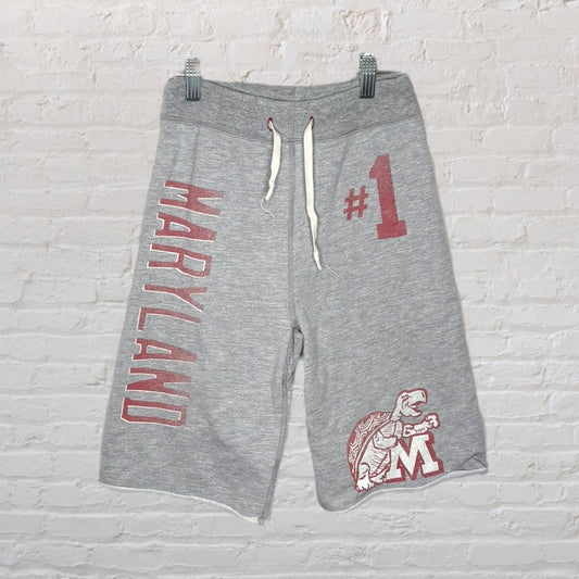 Grey Maryland shorts with red graphics, white drawstring, featuring '#1' and turtle mascot on the leg.