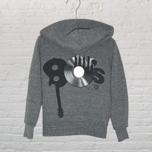 Grey hoodie featuring a black graphic design of a guitar and vinyl record, symbolizing the 80s music era.