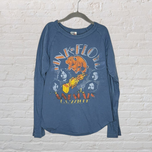 Blue long sleeve shirt with Pink Floyd Animals Tour graphic featuring band members and a pig.