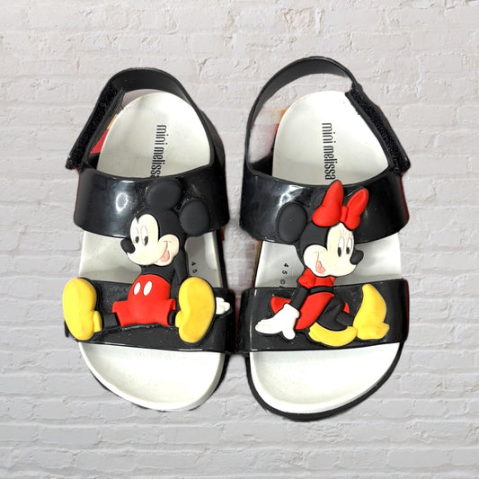 Mini Melissa black sandals featuring Mickey and Minnie Mouse design, suitable for kids.