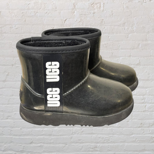 Pair of UGG short rubber boots in black with UGG logo on the side.