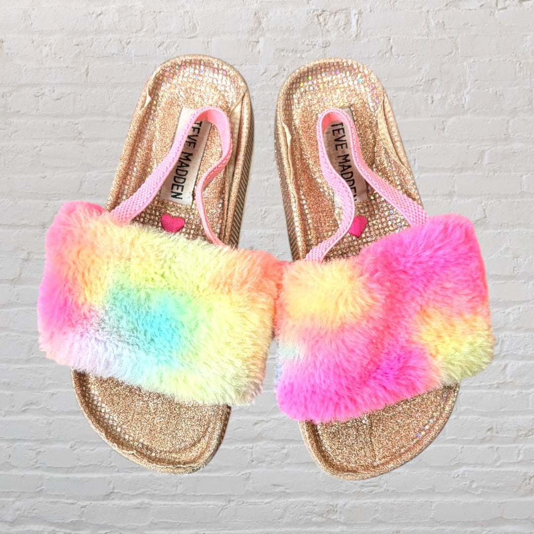 Steve Madden gold slide sandals with rainbow fluffy straps.