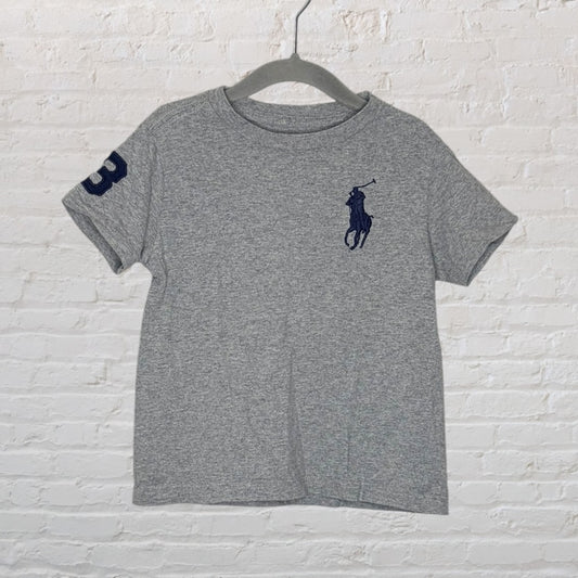 Grey Polo Ralph Lauren T-Shirt with navy logo on chest and number patch on sleeve.