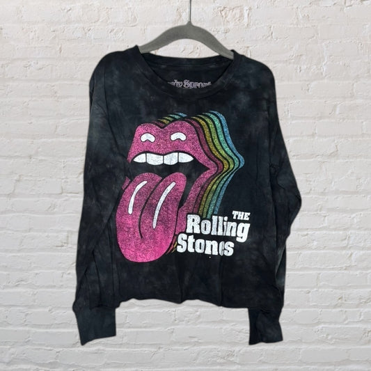 Black sweatshirt with a colorful Rolling Stones tongue logo graphic, featuring a rainbow effect.