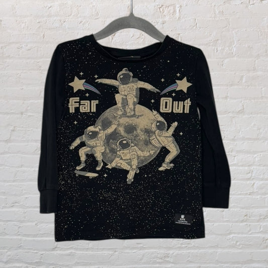 Black long-sleeve tee with astronaut graphics and the phrase 'Far Out' over a moon and stars design.