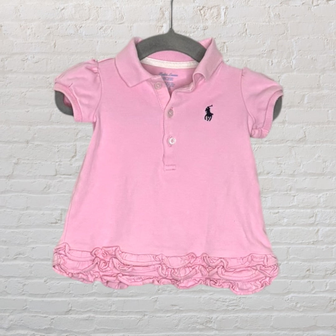 Pink Ralph Lauren polo dress for kids with ruffled hem and embroidered logo.