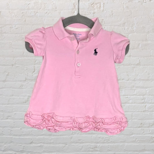 Pink Ralph Lauren polo dress for kids with ruffled hem and embroidered logo.