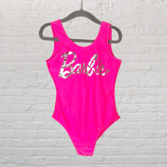 Neon pink bodysuit with silver 'Barbie' logo on the front, displayed on a hanger.