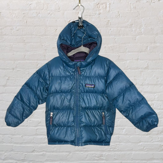 Teal Patagonia puffer jacket with hood and front zipper, featuring side zip pockets.