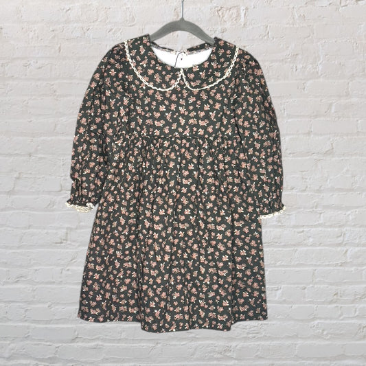 Women's dark green floral dress with a Peter Pan collar and long sleeves, featuring a delicate pink floral print and lace trim.