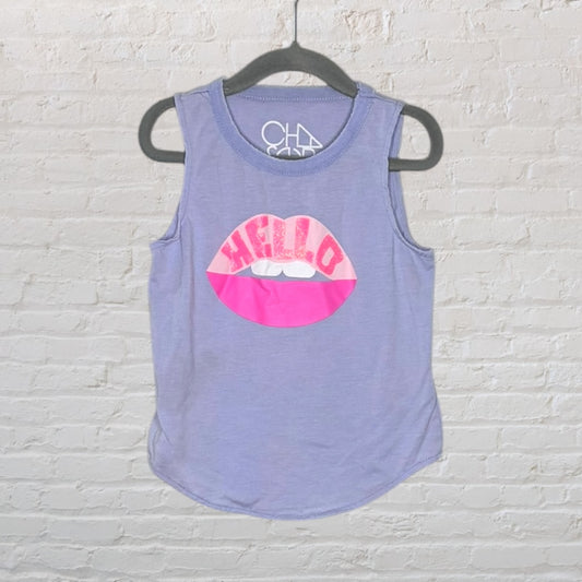 Lavender Chaser tank top with a bold pink lip graphic and 'Hello' text on a hanger.