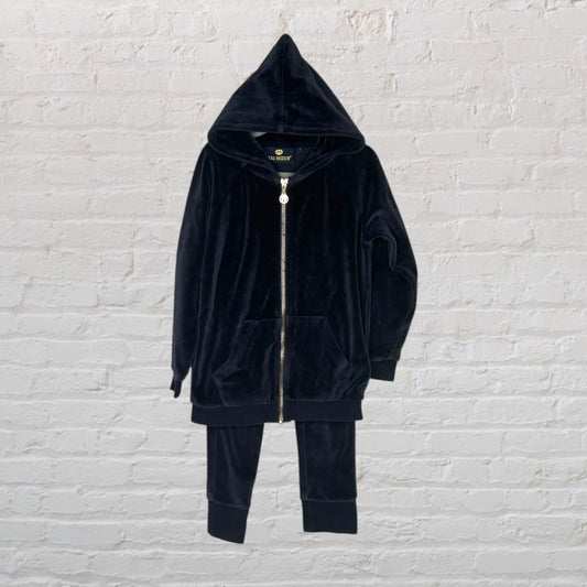 Black velvet hooded tracksuit with zip closure and pockets, designed by The Industry.