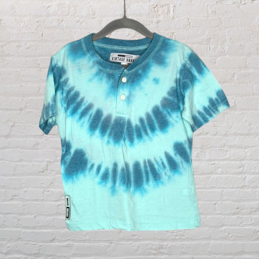Blue and aqua tie-dye henley shirt from Vintage Havana with short sleeves and button placket.